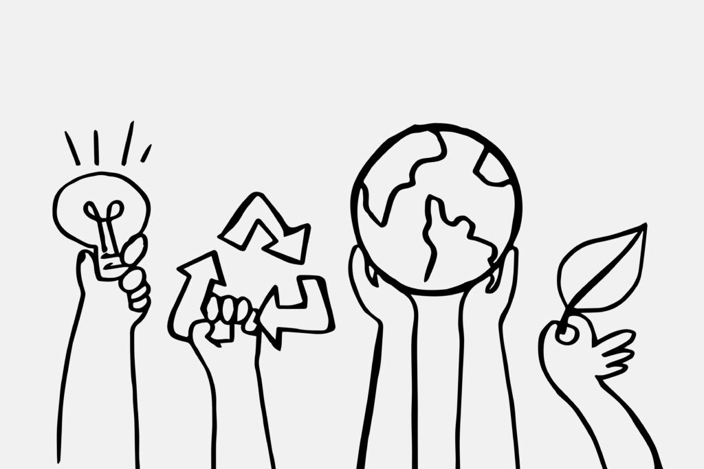 Illustration mettant en scène des mains suggérant des actions écologiques